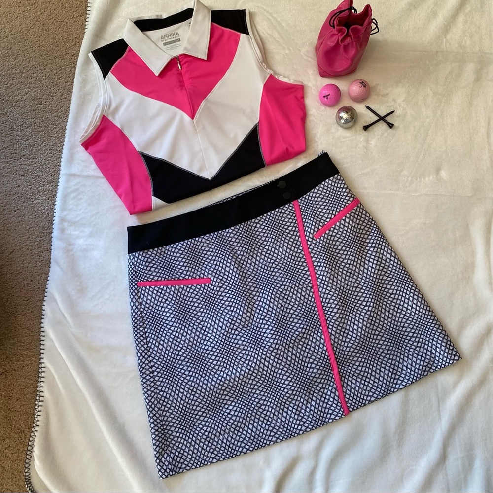 Annika 2-pc golf or tennis outfit. Hot pink, white and black top and skort
